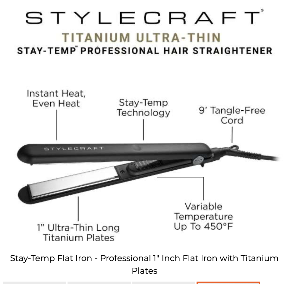Stylecraft STAY TEMP FLAT IRON - 1" INCH FLAT IRON WITH TITANIUM PLATES